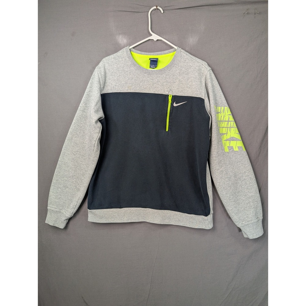 Nike Mens Therma-FIT Crewneck Sweatshirt Gray Black Neon Green Large 552731-063